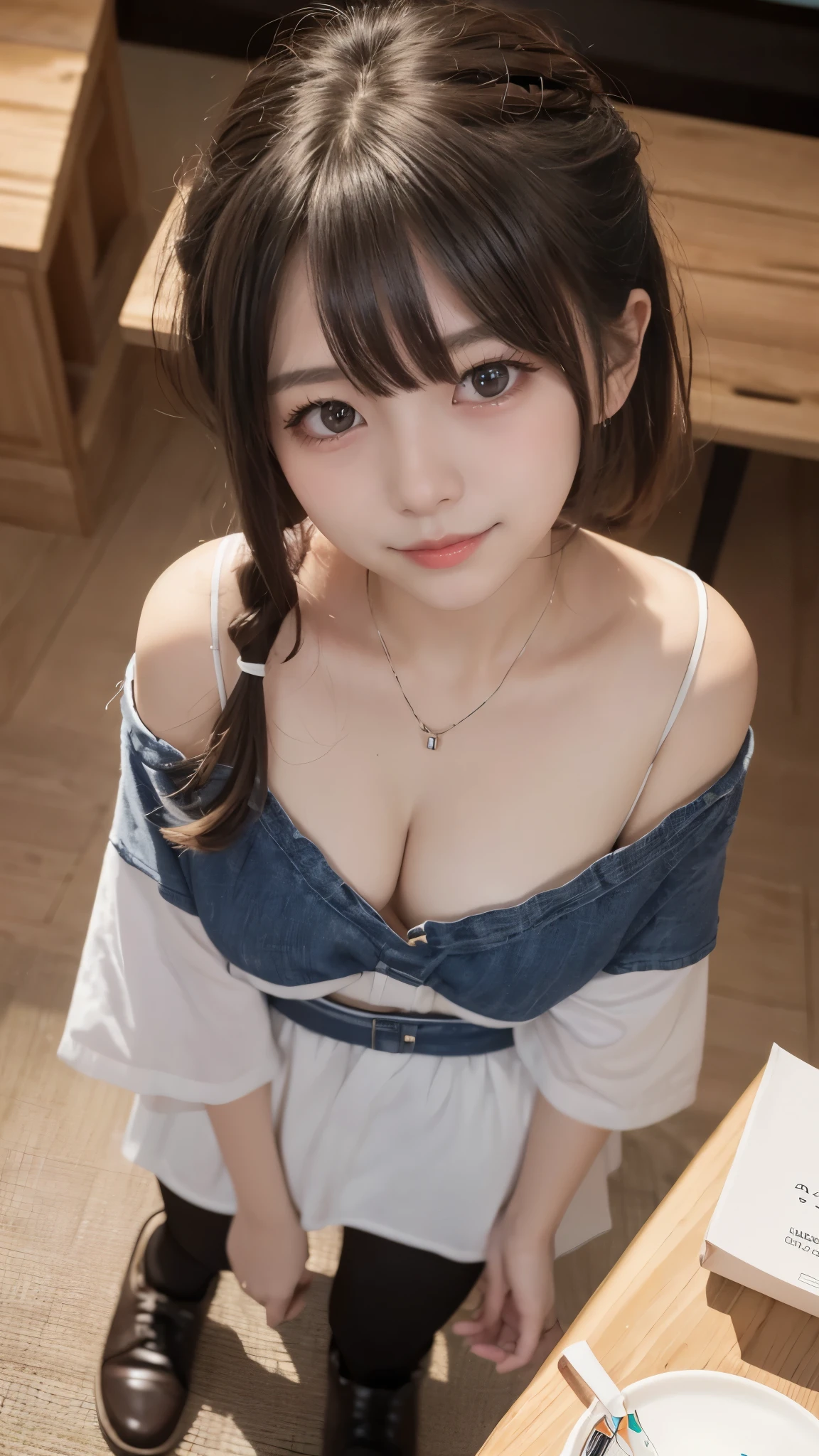 Impeccable, (((From above))), (((Octave shot))), Ultra Clear, Volumetric Lighting, Realistically, そしてcute, cute, I'm shy, Raised to be sexy, Fair and soft skin, Eyes and face are delicate, Professional photography techniques, Delicate nose,Delicate little, (((Cyan))), A beautiful girl,cute, Round and small face, (Exterior), Exposed bare shoulders, Bare waist, Creamy and smooth skin, Baby Face, Idol Face, Highest quality, Highest quality, masterpiece:1.2, ultra high definition, Realistic:1.37, Perfect Anatomy