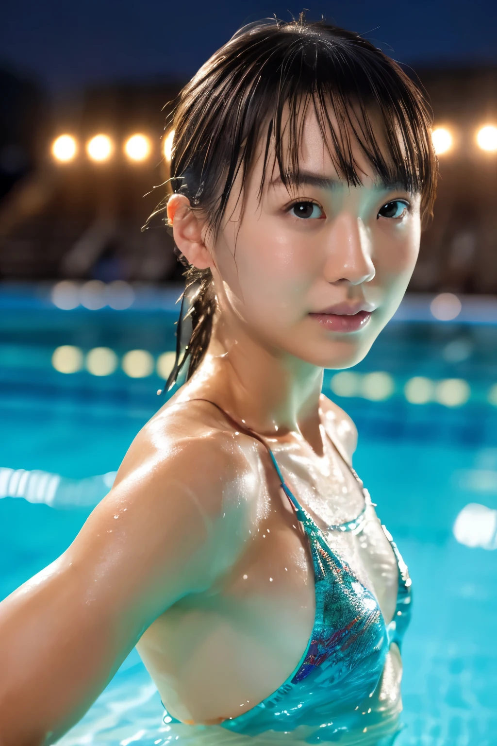 ((masterpiece, highest quality, Highest image quality, High resolution, photorealistic, Raw photo, 8K)), Swimming stadium at night, Japanese lady getting ready in the lights, wet bodies, detailed face, detailed eyes, upper body photo