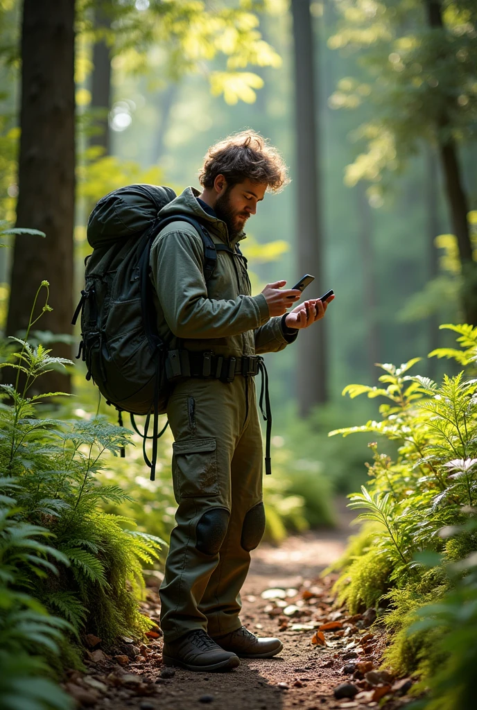 Trekker searching Google map in Forest