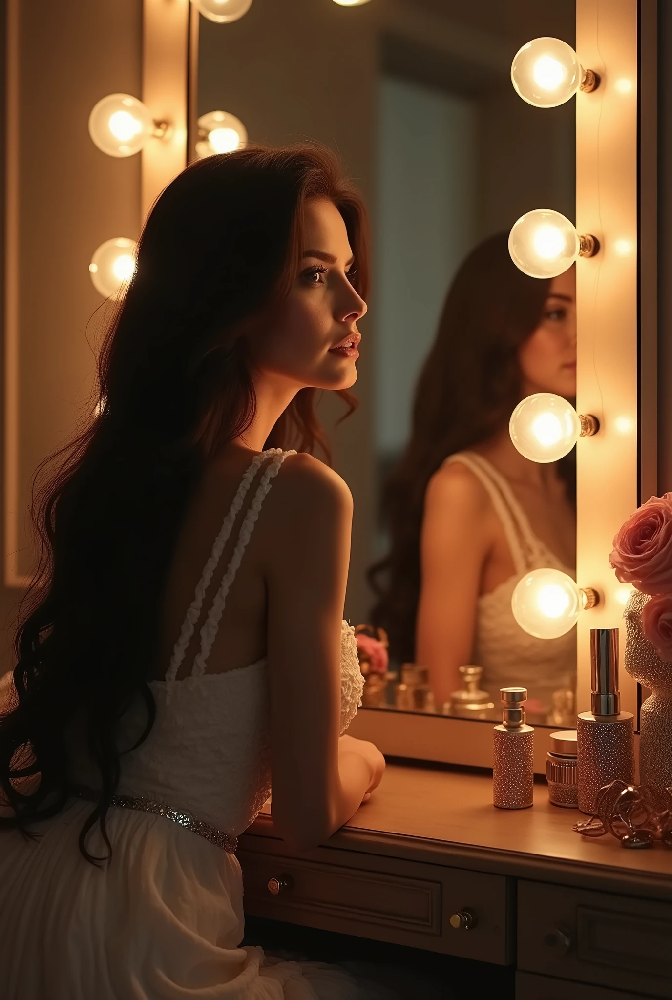 naked russian girl in dressing room,near a lighting mirror,sitting,ass,High quality textures,best image