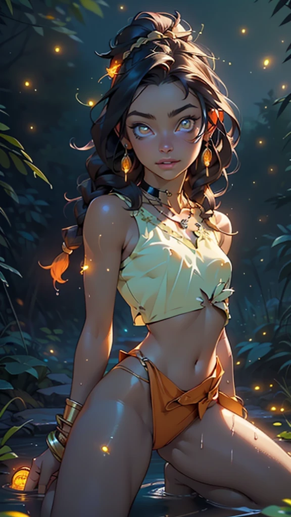 small tribal,(((small, small and tiny body,,chibi,small))),(((20 years old))),
(((flat chest))),((((long double braids,tight braids,long braid,braided hair,long hime cut,dark hair,curly hair,colored inner hair)))),(((golden eyes:1.3))),intricate eyes,beautiful and detailed eyes,symmetrical eyes,(big eyes:1.5),((((glossy skin:1.5,tanned skin,glossy skin:1.5,tanned skin,glossy skin,dark skin,glossy body,reflective skin)))),(((detailed face))),beautiful and detailed lips,
(cute,kawaii,(nsfw)),
(side boob),thong,no straps, belly, navel, barefoot, bare arms, jewelry, red thong no panties, crop top, hair ornament, earrings, exposed navel, necklace, tiny waist, hair ornament, (tribal clothing), (tribal body paint), skinny, (((ripped: 1.5, crop top ripped mid-chest 1.1, no panties))), ((orange clothes, wet clothes, intricate costume)),
(pleased, content, fulfilled), kneeling, crawling, cat pose, dynamic pose, looking at viewer, centered, scale to fit dimensions, rule of thirds,
lonely atmosphere, broken furniture,
((((many fireflies, fireflies, glowing fireflies, fireflies in background)))),
outdoors, overgrown, (overgrown background, glowing crystals, bioluminescent plant), scenery, extreme scenery, (((crystals glowing, bioluminescent plants))), (puddles everywhere, moss, moss in the background), clouds, water lilies, palm trees, reeds, (sunset, golden hour),
(Glowing Egyptian ornaments), high resolution, sharp focus, (ultra detailed, extremely detailed), (photorealistic art: 1.37), (extremely detailed unity 8k CG wallpaper), (((vibrant colors, vibrant theme))), (intricate), (masterpiece), (best quality), artistic photography, (photography taken by sldr), (intricate background), perfect rendered face, perfect face details, realistic face, photo realistic, ((intricate details)), (((realism))),