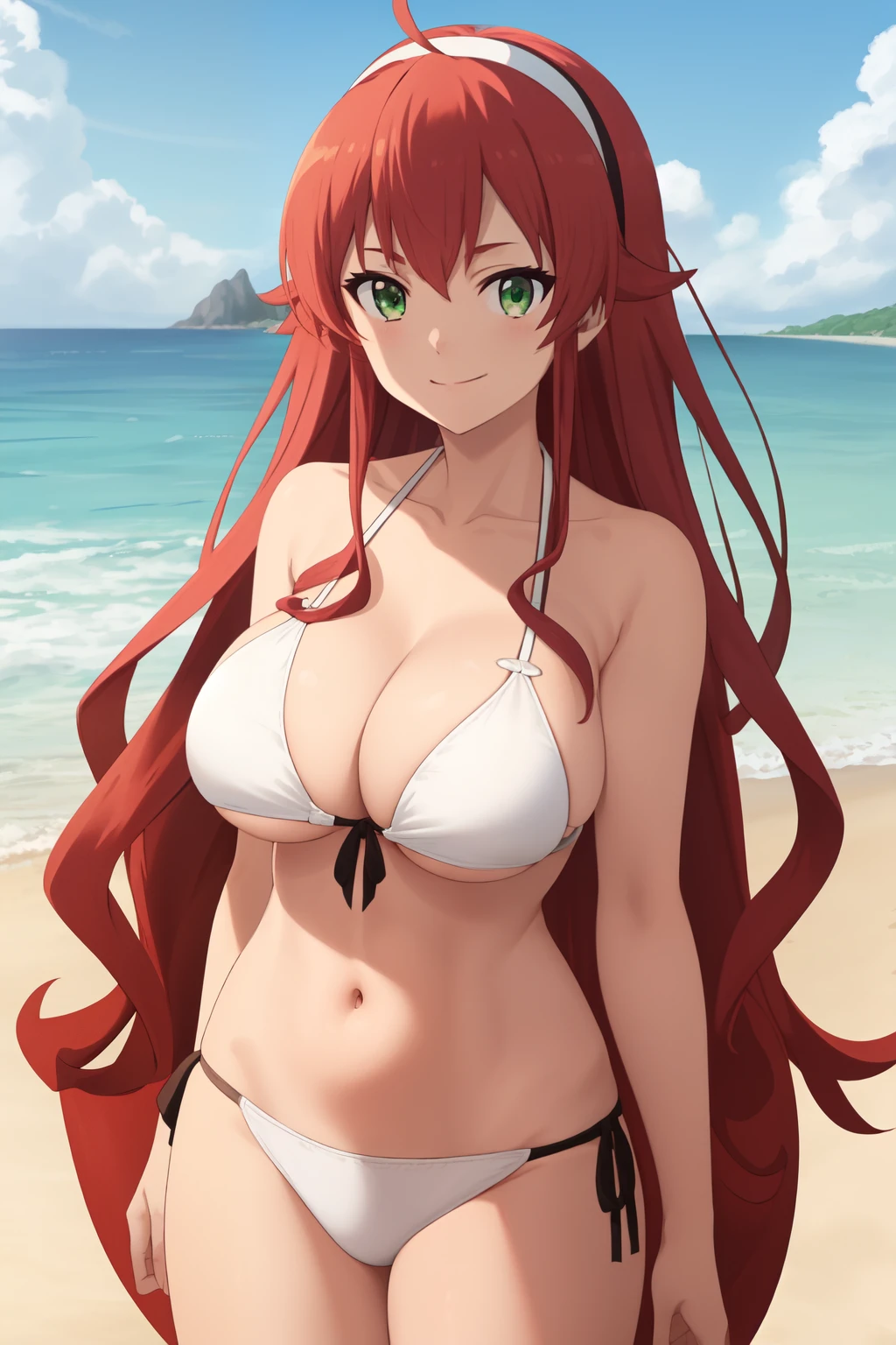 best quality, (masterpiece:1.2), detailed, eris boreas greyrat, closed mouth, light smile, long hair, red hair, ahoge, green eyes, black hairband, white bikini, big_breast, looking at the viewer, ((large_breast)), beach_background