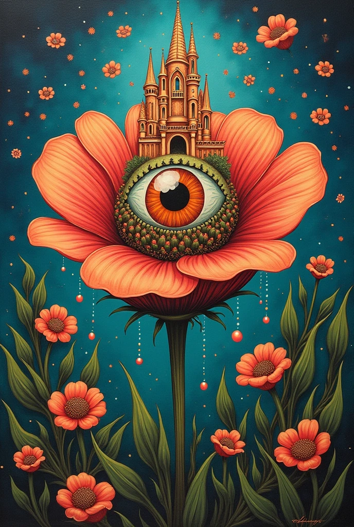 A painting，A flower with big eyes in the painting，There is a castle above the flowers，Surrounded by plants, Falling pearl tears，Psychedelic surrealist art, The holy grail of the eyes of the brain, Shaman horror LSD art, Psychedelic illustration, Pop surrealism, Surreal psychedelic design, Exotic plants and fauna, Exotic plants, Psychedelic Art, Highly detailed hyperrealistic art, strange plants, hallucinatory art, DMT art, Psychedelic Artwork