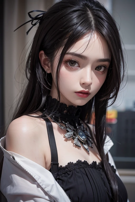 Highest quality、、masterpiece：1.3、Gothic Punk、red inside、Gray Black Hair、hair ornaments、beautiful girl、creative、Punk Shirt、Neogoth、Goth Fashion：1.2、High resolution、masterpiece、Highest quality、頭w:1.3、((Hasselblad Photos))、Fine skin、Sharp focus、(Cinema Lighting)、Explore Tokyo&#39;The night city beyond the neon lights, Forehead open, 、Petting&#39;Hair back、Shoulder Bare、Small red rose tattoo on the décolletage、Just one tattoo