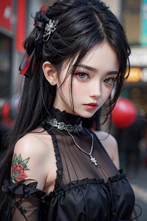 Highest quality、、masterpiece：1.3、Gothic Punk、red inside、Gray Black Hair、hair ornaments、beautiful girl、creative、Punk Shirt、Neogoth、Goth Fashion：1.2、High resolution、masterpiece、Highest quality、頭w:1.3、((Hasselblad Photos))、Fine skin、Sharp focus、(Cinema Lighting)、Explore Tokyo&#39;The night city beyond the neon lights, Forehead open, 、Petting&#39;Hair back、Shoulder Bare、Small red rose tattoo on the décolletage、Just one tattoo