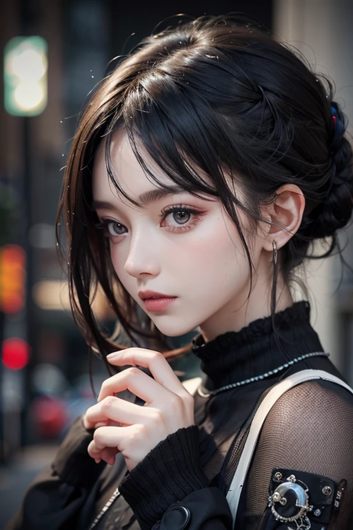 Highest quality、、masterpiece：1.3、Gothic Punk、red inside、Gray Black Hair、hair ornaments、beautiful girl、creative、Punk Shirt、Neogoth、Goth Fashion：1.2、High resolution、masterpiece、Highest quality、頭w:1.3、((Hasselblad Photos))、Fine skin、Sharp focus、(Cinema Lighting)、Explore Tokyo&#39;The night city beyond the neon lights, Forehead open, 、Petting&#39;Hair back、Shoulder Bare、Small red rose tattoo on the décolletage、Just one tattoo