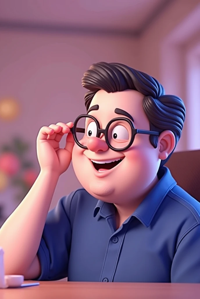Cartoon character of a man in black glasses and blue shirt, an animated character, stylized character, animation style rendering, 3d stylized, Arnold Maya rendering, Stylized 3D rendering, toon render screenshot, 3d character, 3d character, Stylized 3D rendering, 3D character rendering, cartoon character, Personagem de close up, character posing, (Pixar-style) (master part:1.2) (bokeh) (best qualityer) (skin detailed) (detailed texture) (8k) (Argilla) (cinematic lighting) (sharp focus,Sit down and lift your upper body