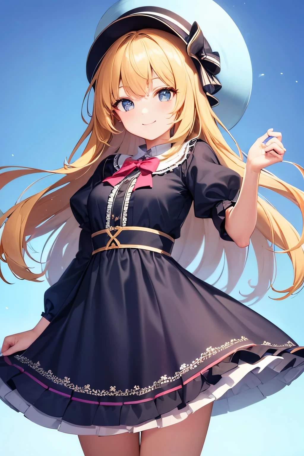 32k, best quality, ultra-detailed, high resolution, perfect anatomy, head on, cute girl, cute dress, cute hat, cute smile, colorful background,