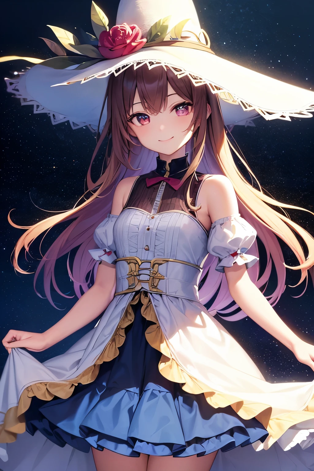 32k, best quality, ultra-detailed, high resolution, perfect anatomy, head on, cute girl, cute dress, cute hat, cute smile, colorful background, 