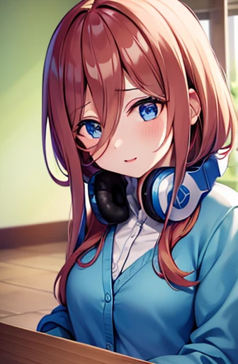 Miku Nakano, miku nakano, Long Hair, bangs, blue eyes, Brown Hair, shirt, Hair between the eyes, Headphones, cardigan, Headphones around neck,
break skirt, shirt, Long sleeve, white shirt, pantyhose, Pleated skirt, black pantyhose, cardigan, Green Skirt, blue cardigan,
break indoors, classroom,
break looking at viewer, break (masterpiece:1.2), Highest quality, High resolution, unity 8k wallpaper, (figure:0.8), (Beautiful attention to detail:1.6), Highly detailed face, Perfect lighting, Highly detailed CG, (Perfect hands, Perfect Anatomy),