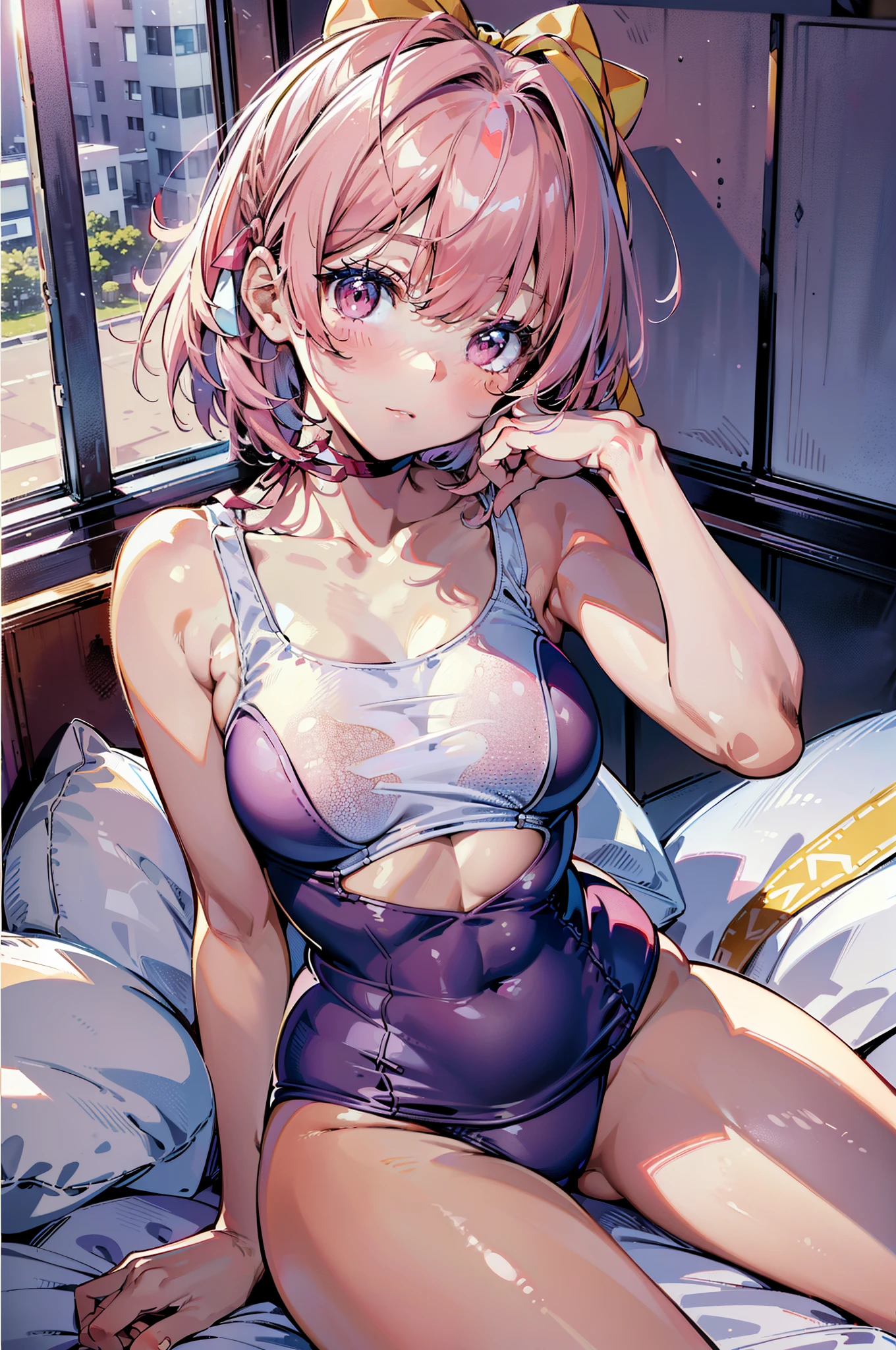 high resolution、Highest quality、Detail view、cheeks do not turn red、Slender beauty、Obedient、Accurate anatomy、((A tight pinkish navy school swimsuit that clearly shows off your body line.))、Small eyes、Small breasts、Sitting with legs together、bed,(Ham Cannon,short hair, Antenna Hair, Hair Ribbon),Pink Hair,Pink Eyes