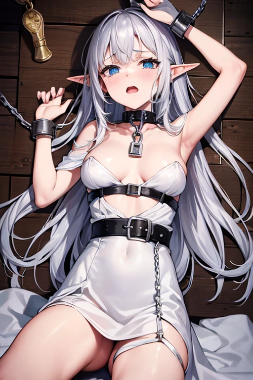 Elf, Silver Hair, In the torture chamber, White Dress, Open your mouth,Raise your hands,  Crying face, Small breasts, A large iron collar with spikes and handcuffs, Connect the handcuffs to the shackle with a short chain., Spread your legs