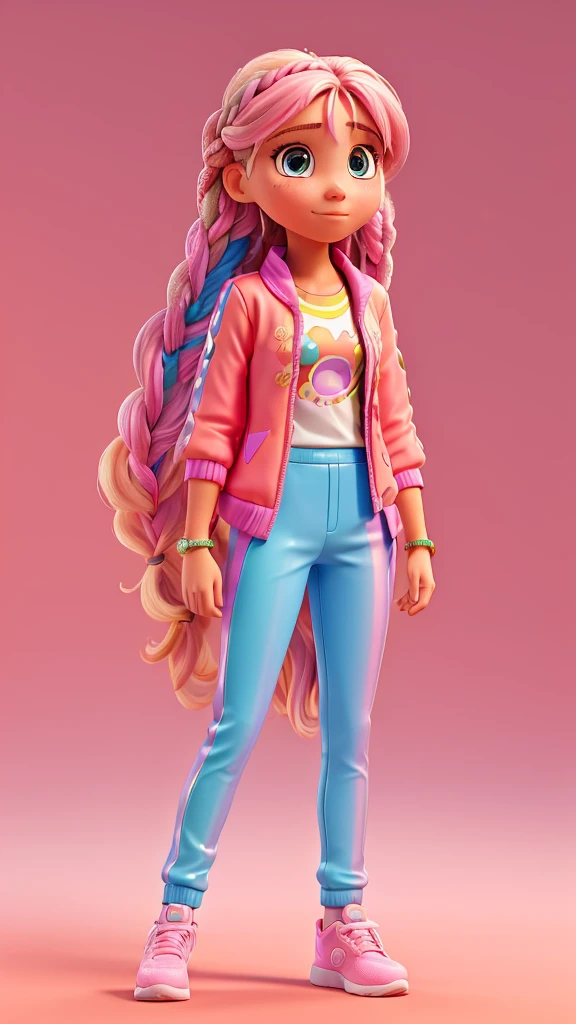 best qualityer, realisitic .
Young woman with long hair and a rainbow, with braids , pink pants , holographic jacket with shine.
pink tennis. 
Neutral color background.
She is centered, looking directly at the camera.