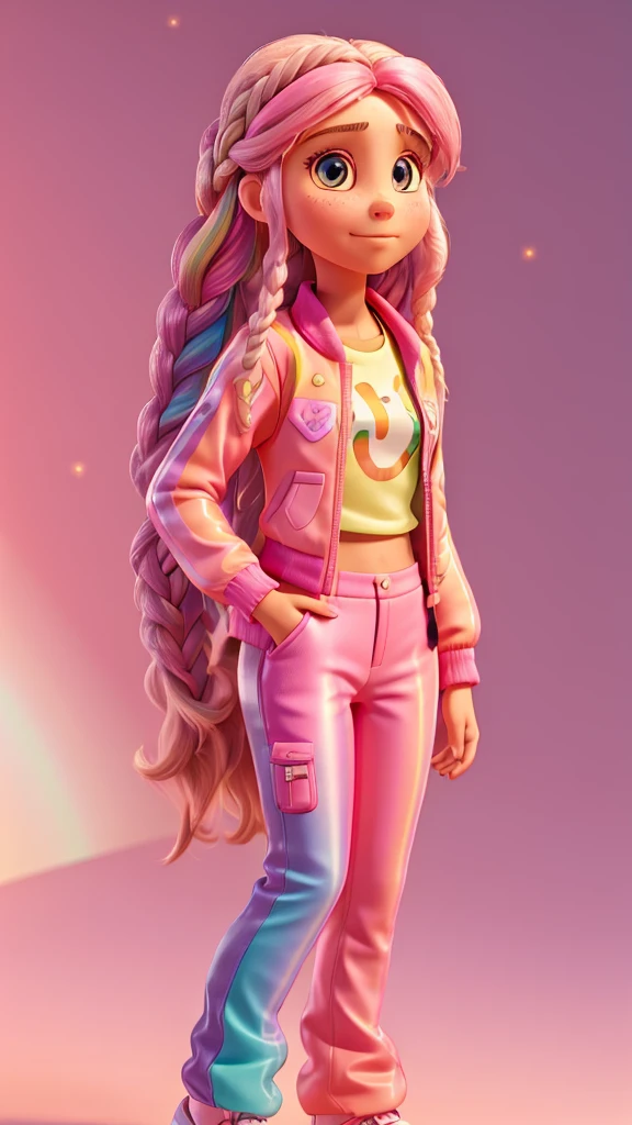 best qualityer, realisitic .
Young woman with long hair and a rainbow, with braids , pink pants , holographic jacket with shine.
pink tennis.
Neutral color background.
She is centered, looking directly at the camera.