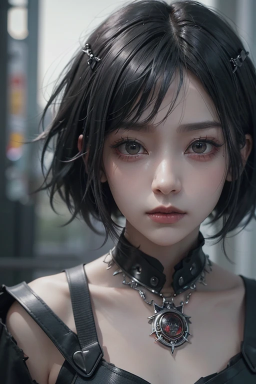 Highest quality、8k、masterpiece：1.3、Gothic Punk、The inside color is red、Gray Black Hair、short hair, hair ornaments、Beautiful girl、creative、Dark Fantasy Style、Neogoth、Punk shirt fashion：1.2、High resolution、masterpiece、Highest quality、頭w:1.3、((Hasselblad Photos))、Fine skin、Sharp focus、(Cinematic lighting)、Realistic texture, Chest to chest 