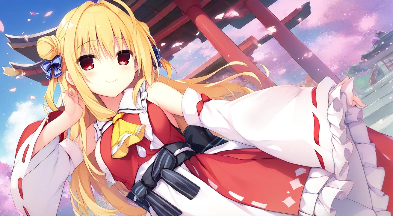 hiyori-default,red eyes,blonde hair, double bun,ahoge,1girl,独奏,detached sleeves,hair bow,red bow,ascot,hair tubes,skirt,frills,red skirt,yellow ascot,wide sleeves,standing,frilled bow,red shirt,frilled skirt,ribbon-trimmed sleeves,frilled shirt collar,bare shoulders,red vest,petticoat,nontraditional miko,smiling,shrine