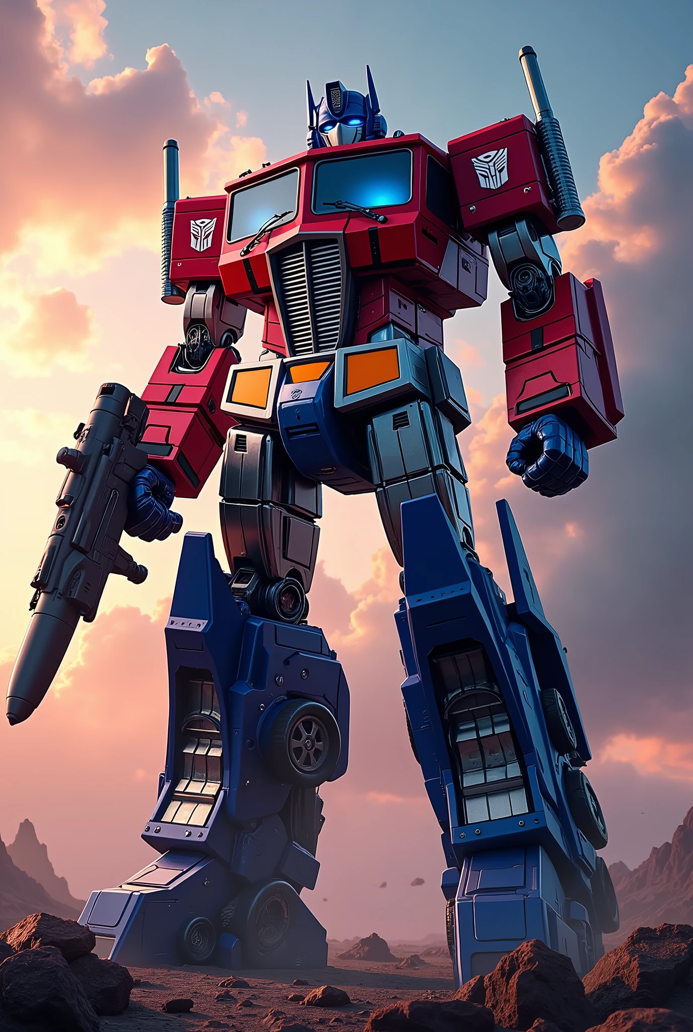 a highly detailed digital art illustration of Optimus Prime, a massive Transformer robot with a powerful Titan core, combined with Jetfire, another Transformer robot with jet capabilities, both in their robot modes, with Optimus Prime in a super upgraded form, hyperdetailed, 8k, cinematic lighting, dramatic scene, intense colors, dynamic poses, mechanical details, sci-fi, concept art style
