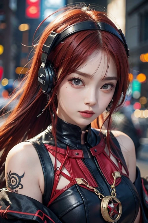 No sleeve、Tattoo、真っred、本当にredい、red、red-haired、corruption、red hairs、Headphones、🎧、Goth_punk, One Girl, alone, Medium Shot, Walking around Harajuku, ((at night)), Bokeh Depth of Field, Neon Light, Rainbow Eyes, Starry Sky, red glowing hair, Black eyebrows, Radiant hair, (iridescent red hair), 耳Nipple Ring, Bans, gem, mask, 鈍い前hair, Veld's Eye, 口mask, Blurred背景, Blurred, hair adornments, Look at the viewers, shorth hair, Portraiture, Side Lock、Goth、(Tabletop), (Portraiture), (beautiful), (beautiful), (Upper blood), (high quality), (beautiful衣服), (Professional Perspective), (Rule of thirds), (feminine), (woman), (woman), (beautiful),(feminine features), (Age 25), alone, woman1名, (Charming punk girl), Winters, Dramatic Light, ((I'm playing the guitar)), (Are standing), anddgy makeup, (Small breasts), ((Electric guitar)), (front), (Resistance的な表情), ((Resistance)), (レザージャケットとTattoo), ((Short hair)), (dyed (and.G. and pink) hair), (spiky hair), (Thick hair), Matte shine hair, (Hair bands scattered in the hair), (Green eyes), (A bold and daring look), (Pale skin), (Dark clothing), (Band T-Shirts), (Ripped jeans), (-), Crew neck), ((Urban alley background)), (Close-up shot), beautiful hands, both hands, Normal hand, Two Arms, Complete Hand, beautiful body, beautiful fingers, Normal finger, Five Fingers, Five Fingers, (Thumb Index Finger Ring Finger), beautiful ears, Normal ear, beautiful eyes, Shining Eyes, beautiful mouth, beautiful lips,