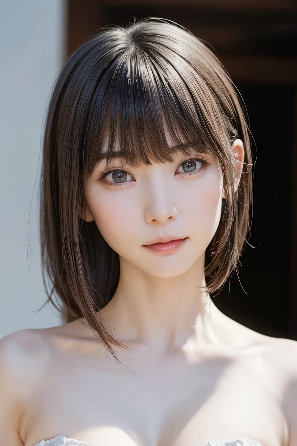 ((masterpiece, Highest quality, High resolution、Realisticですべてが美しく詳細に描かれている)), 1 person, (Realistic: 1.4), alone, White Background, snow-White Background, Mouth closed, smile, smile, Beautiful black hair, short hair, Big eyes, Transparent double eyelids, eyelash, Listen carefully, Long neck, 美しくLong neck, Absolute area, ((Face close-up)), (Draw the whole head, shoulder), 19 years old, Attractive proportions, Glowing Skin, Beautiful clavicle, Golden ratio face, Perfect Face, Teardrop-shaped mole, chestのほくろ, bangs, clean bangs, beautiful bangs, Lip gloss, Thin lips, Fair skin, naked, Big Breasts, {Huge|big|Hugeな|Mega} chest:2, chestの谷間:2,chestの谷間を見せる、Small face, Small face, All the heads are painted, shoulder all drawn, Point slightly above the camera