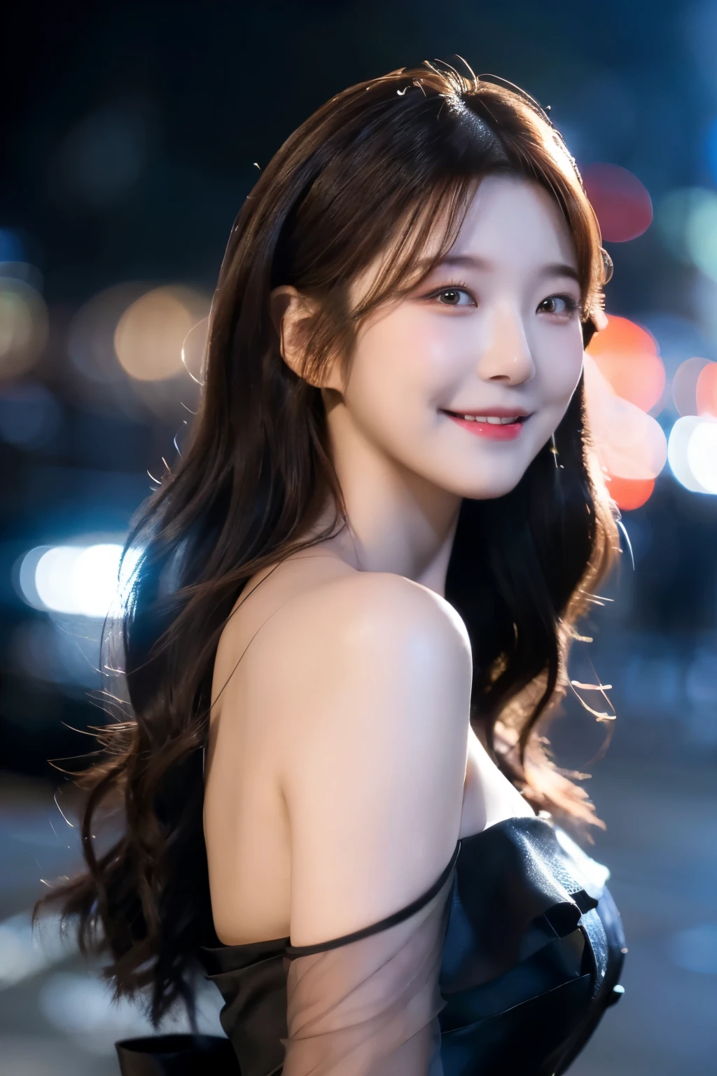 ((best quality, 8k, masterpiece :1.3)), 1 girl, smiling, whole body, face slimming, pretty Woman, (Dark brown hair), full length dress :1.1, Super detailed faces, delicate eyes, double eyelids, blurred background, face slimming, City, external, street,