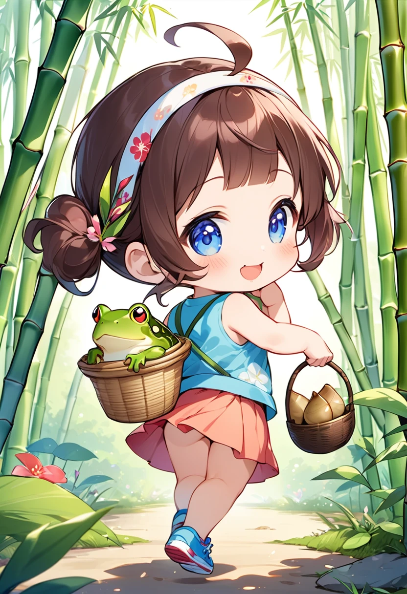 Highest quality、High resolution、Detailed Background、Beautiful face in every detail、Anatomically correct、Detailed facial expressions、fine grain、((full body, from behind:1.2, looking back:1.2)), break ((One Girl:1.2)、((Chibi Girl:1.2)))、Bright pretty hair color、Big beautiful blue eyes、Fuller lips、Pink Lips、Braided twintails、Ahoge、(Bamboo shoot picking:1.2、Carrying a large bamboo basket on his back:1.2、There are lots of bamboo shoots in it.)、(Cute spring-colored sleeveless spring clothes、Spring-colored skirt、Cute sneakers、Cute Headband)、break ((Place your hands in front of your chest、Holding a large bamboo shoot:1.2、A happy smile))、((The background is a bamboo forest、Calm weather、Bamboo shoots sticking out a little from the ground、Gentle Breeze))、(The frog is jumping:1.2)