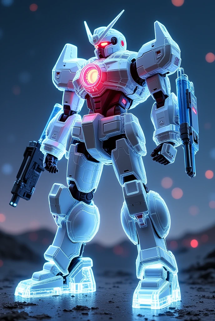 masterpiece, Highest quality, sf, Standing in space、 Hyperdimensional Robot、Fluorescent wire、Beast design、(Translucent armor, visible internal mechanics):1.2、(White clear base, navy blue joint, red internal mechanism)、(Chest Wave Cannon、Shoulder Beam Launcher)、