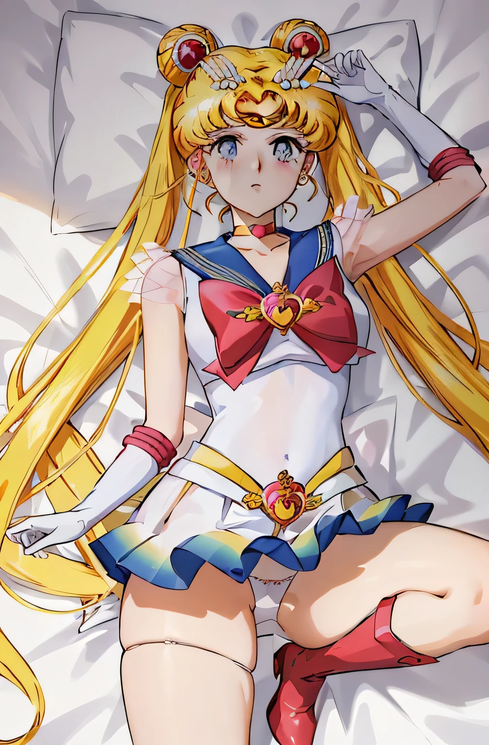 masterpiece, best quality, (1 person), (super sailor moon), (detailed face), face focus, white wall, (on bed), bright room, embarrassed expression, white gloves, detailed eyes, detailed face, love hotel room, detailed background, multicolored clothes, sailor warrior uniform, colorful skirt, hair accessory, red bow, brooch, heart brooch, earrings, crescent moon, heart choker, heart, mini skirt, very long hair, back bow, crescent moon earrings, tiara, yellow choker, boots, knee boots, red footwear, best quality, high resolution, unity 4k wallpaper, (shape:0.8), (detailed and beautiful eyes:1.6), highly detailed face, perfect lighting, meticulous CG, (perfect hands, perfect anatomy),,, (big flipped skirt), (detailed panties), Bed, (White panties: 1.5), (Fully exposed panties: 1.5), (Squat: 1.5), Sailor Moon R, Super Sailor Moon, (Panty shots), (Upskirt)