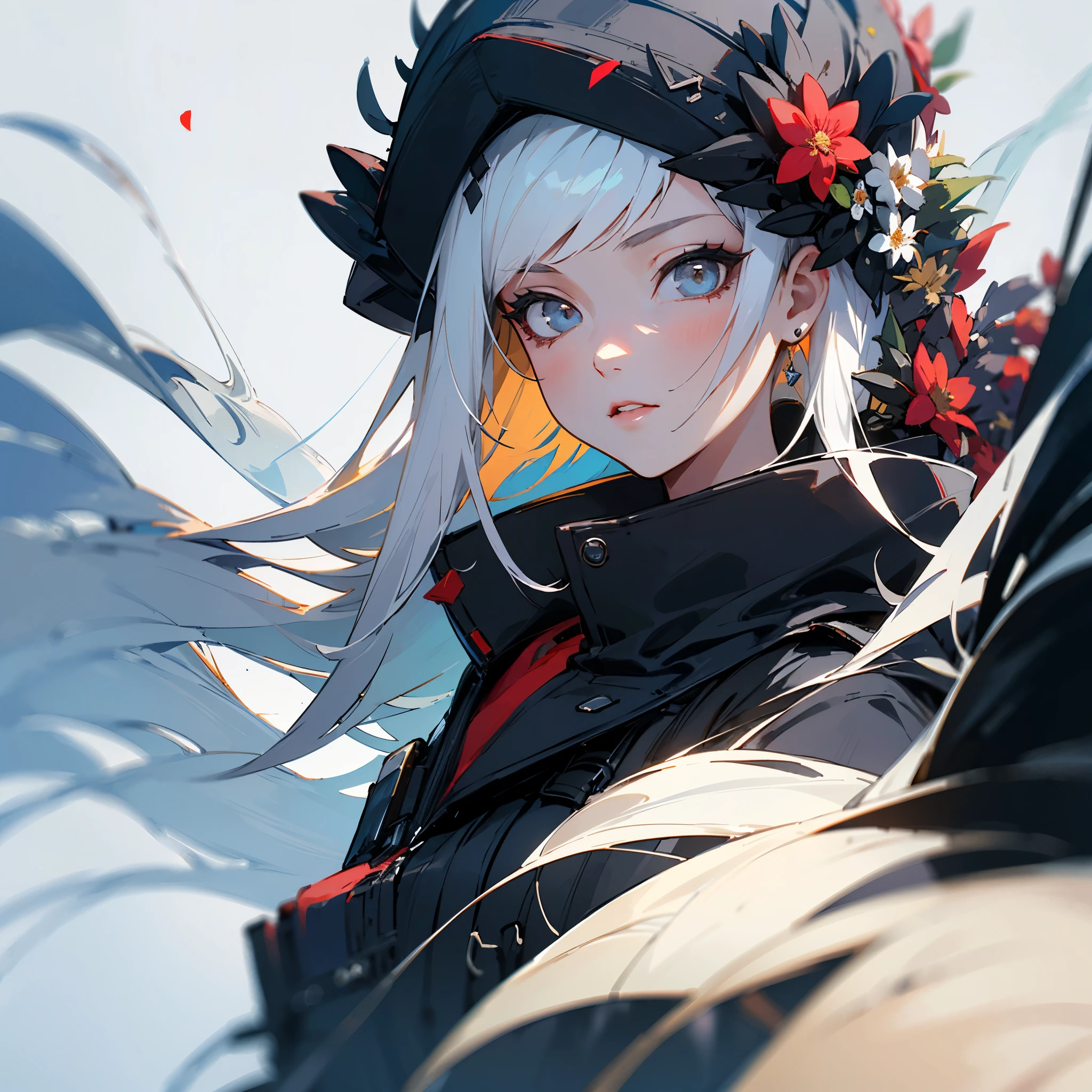 ((best quality)), ((masterpiece)), (detailed), 1girl, white hair, flower pin on head, in black coat that is in cyberpunk style, assassin