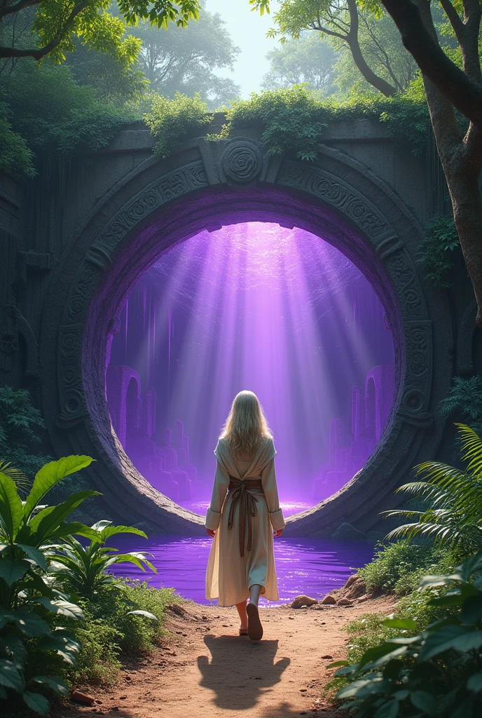 ((JUNGLE ENVIRONMENT)), ((Indian jungle ruins)), Circular portal with purple water as transport middle, round stone array border that surrounds purple liquid water, portal at vertical stance only, three-fourths angle view from viewer, purple liquid in vertical portal door only, no horizontal circular door, dirt path on ground leading up to the door, foliage along ground, stone circular door travels for infinity, long unending corridor, infinite unending water, purple liquid vertical pool, young big breasted prophetess, linen cloth full garb hoody adorned, rope waist tie, blonde female, white, blue eyes, beautiful, structured jaw line, massive breasted, clothed, big rounded breasted, personification of Widom
