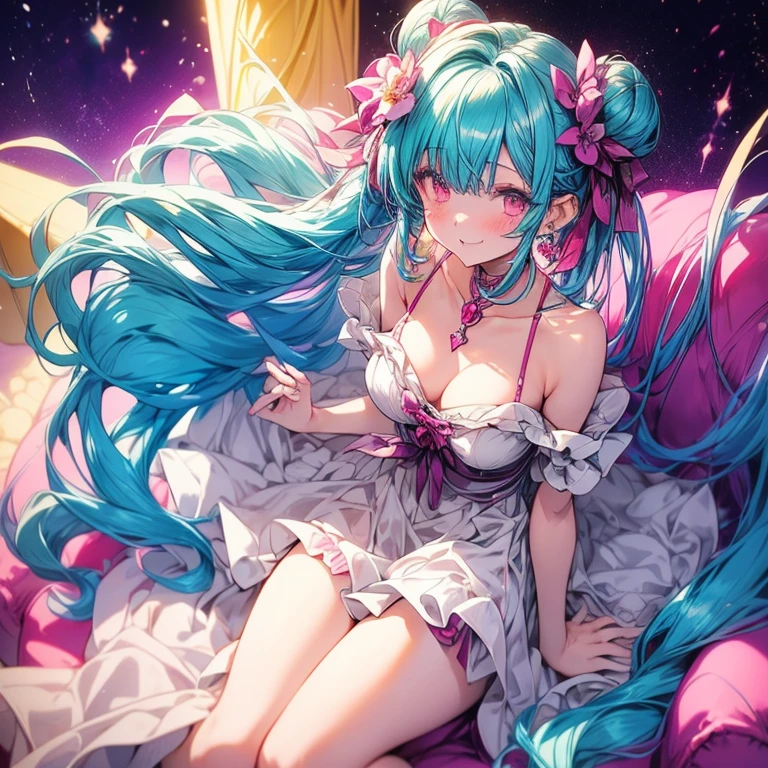 Macross Delta. Mikumo Guynemer(She has long slightly flowy ankle length violet hair with pastel blue highlights, that sometimes is shown as a gradient from the top to the bottom. Her hair is styled as a hime cut, a fluffy bun on top of her head, a section of curled hair on her left shoulder & her the bottom ends of her hair is sectioned into four sections. She decorates her hair with a with a dark violet flower, teal feather like detail and a tan beige decor on the bottom hair accessory. Maroon red eyes) and Freyja wion(she has short voluminous peach hair with light yellow highlights and green eyes). In wedding dress 