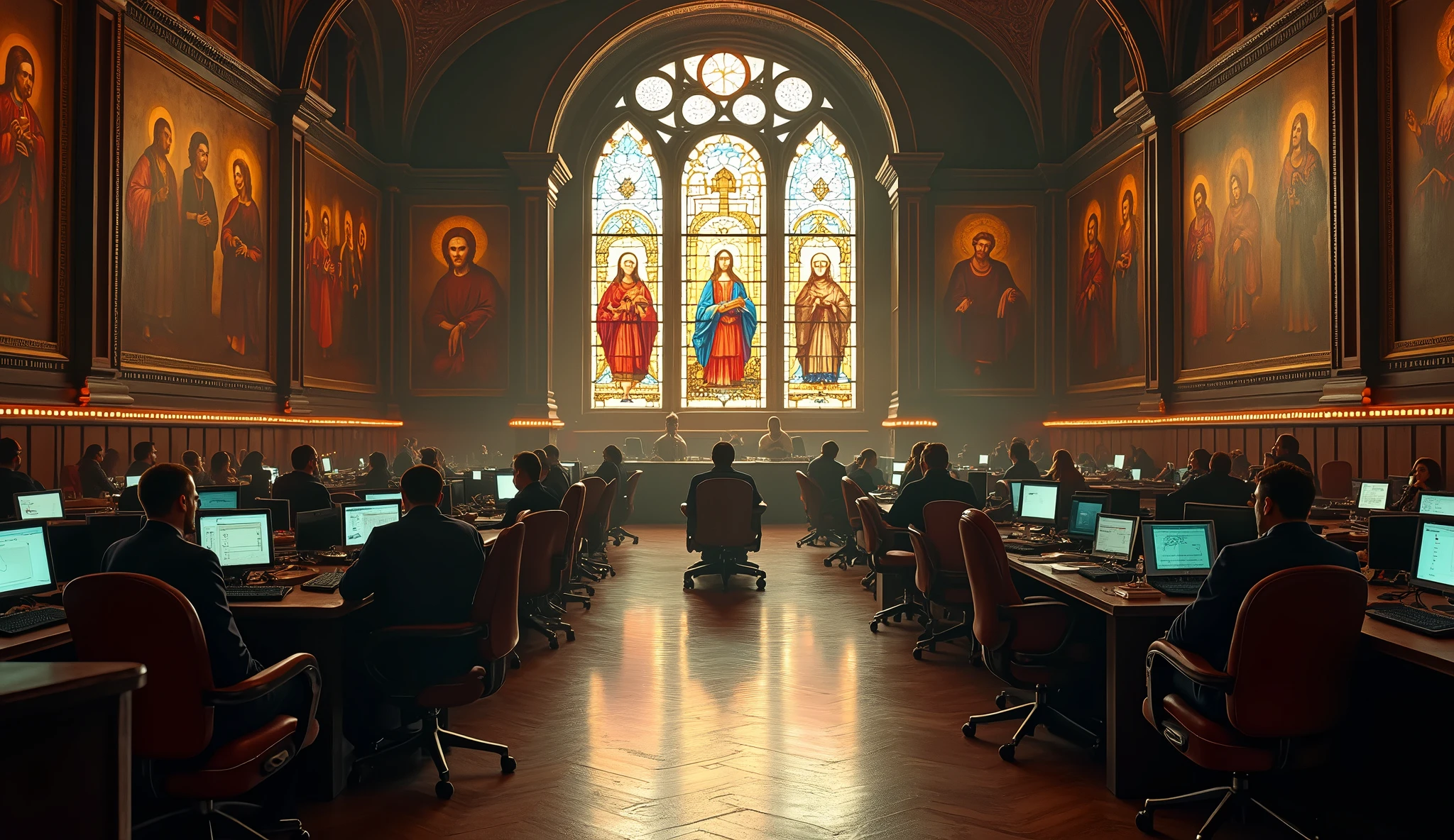 Large Office, Godfather style, dozens of work cubicles, padded chairs, various workers, Many sacred paintings hanging on the walls, Large church stained glass window on the central wall
Photo in 8k, in action, cinematic.