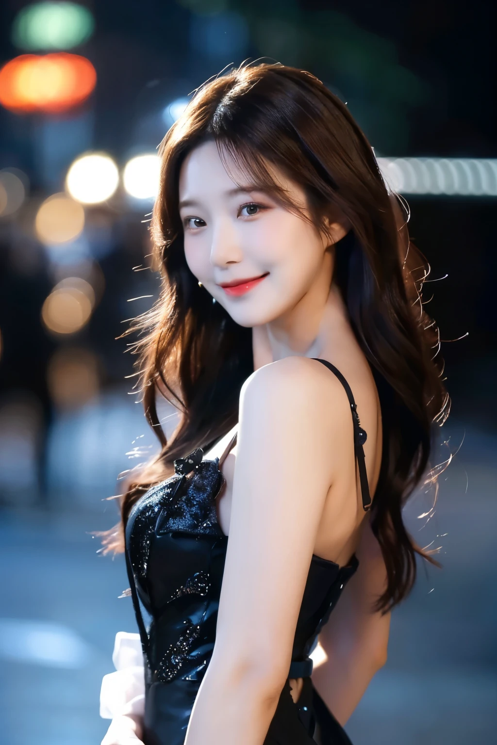 ((best quality, 8k, masterpiece :1.3)), 1 girl, smiling, whole body, face slimming, pretty Woman, (Dark brown hair), full length dress :1.1, Super detailed faces, delicate eyes, double eyelids, blurred background, face slimming, City, external, street,