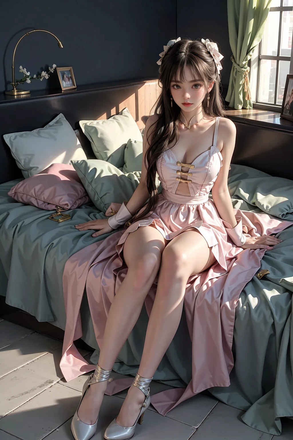 （(Girl lying in bed))、A beautiful and moving woman, in an elegant pose, her full breasts on display.，Visible cleavage，The skirt is short, Sexy long legs，Variety of slim and cute beauties, Her long hair cascades down her shoulders like a waterfall。She smiles radiantly，Eyes sparkle，Her skin is flawless。Her curves are highlighted。Sparkle in the light，The colors are soft，Perhaps in shades of light pink or lavender。She lay confidently，One hand on hip，Her posture is both graceful and strong。She wears elegant high heels，Goes well with her outfit。In the warm golden sun。The overall atmosphere of the image is tranquil and uplifting，Emphasizing natural beauty and elegance, Studio Lighting,Bright colors, Sweet maiden, sweet smile, make up，shy，Blush，Parted lips，Heavy breathing，moan，Surrealism，Realism，Movie Lighting，Relief，Sony FE GM，Retina，masterpiece，precise，Anatomically correct，Textured Skin，Super Detail，High Detail，best quality，rich and colorful