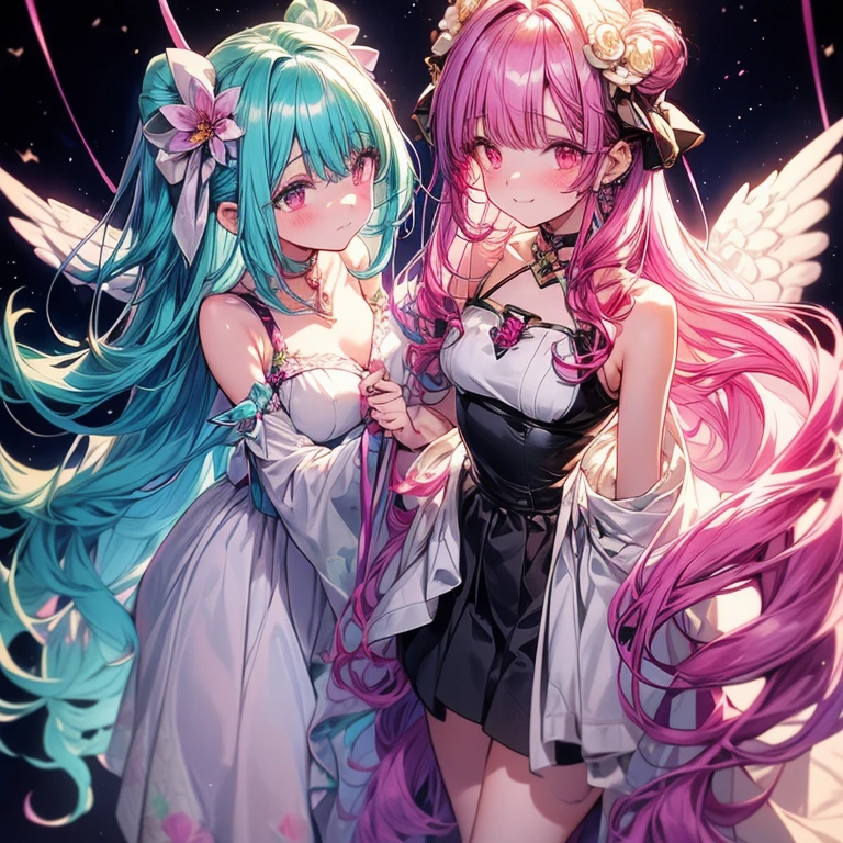 Macross Delta. Mikumo Guynemer(She has long slightly flowy ankle length violet hair with pastel blue highlights, that sometimes is shown as a gradient from the top to the bottom. Her hair is styled as a hime cut, a fluffy bun on top of her head, a section of curled hair on her left shoulder & her the bottom ends of her hair is sectioned into four sections. She decorates her hair with a with a dark violet flower, teal feather like detail and a tan beige decor on the bottom hair accessory. Maroon red eyes) and Freyja wion(she has short voluminous peach hair with light yellow highlights and green eyes). Two women. In wedding dress