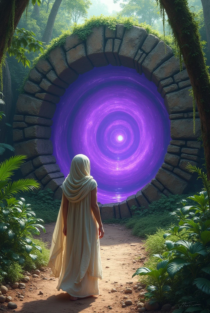 ((JUNGLE ENVIRONMENT)), ((Indian jungle ruins)), Circular portal with purple water as transport middle, round stone array border that surrounds purple liquid water, portal at vertical stance only, three-fourths angle view from viewer, purple liquid in vertical portal door only, no horizontal circular door, dirt path on ground leading up to the door, foliage along ground, stone circular door travels for infinity, long unending corridor, infinite unending water, purple liquid vertical pool, young big breasted prophetess, linen cloth full garb hoody adorned, rope waist tie, blonde female, white, blue eyes, beautiful, structured jaw line, massive breasted, clothed, big rounded breasted, personification of Wisdom, female character welcoming viewer