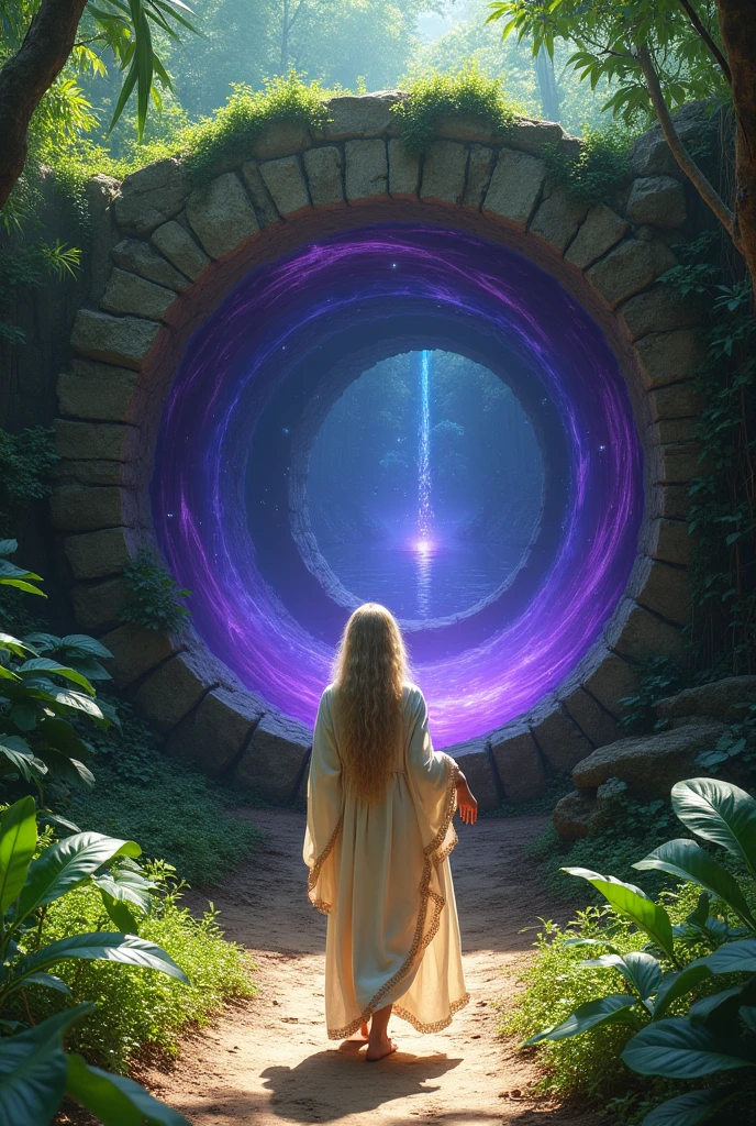 ((JUNGLE ENVIRONMENT)), ((Indian jungle ruins)), Circular portal with purple water as transport middle, round stone array border that surrounds purple liquid water, portal at vertical stance only, three-fourths angle view from viewer, purple liquid in vertical portal door only, no horizontal circular door, dirt path on ground leading up to the door, foliage along ground, stone circular door travels for infinity, long unending corridor, infinite unending water, purple liquid vertical pool, young big breasted prophetess, linen cloth full garb hoody adorned, rope waist tie, blonde female, white, blue eyes, beautiful, structured jaw line, massive breasted, clothed, big rounded breasted, personification of Wisdom, female character welcoming viewer