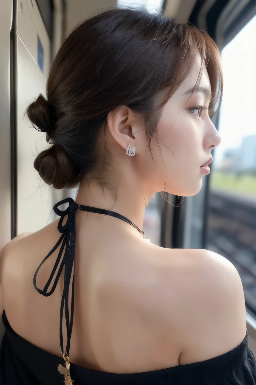((Realistic, 8k, Top Quality, Masterpiece: 1.3)), Best Quality, Illustration, Ultra-detailed, finely detail, high resolution, 8K Wallpaper, Perfect dynamic composition, Beautiful detailed eyes, (off-the-shoulder office casual clothes:1.3),((Big breasts)), Natural Color Lip, Random and sexy poses, (in train), 20 years girl, sweaty skin:1.4, (beautiful detailed face and eyes:1.4),beautiful hair, Highly detailed face and skin texture, Highly detailed lip texture, Beautiful detailed eyes, Raw Photo, ((Very beautiful Japanese Girl:1.4)), (1 girl)), Perfect Style, necklace, earrings, handbag, realistic shadows, (from behind:1.8), ((look away:2)),((close up neck:1.6)),(very sexy back and neck:1.4),((focus on Both shoulders:1.8)), (from nearby:1.7)
