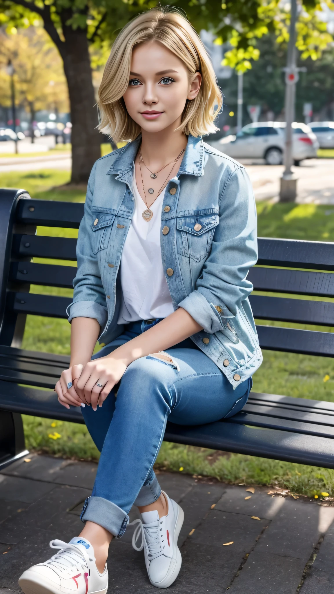 Super Resolution、Neat and clean Caucasian woman、Full body photo、sitting on a park bench、Blonde Hair、Short Haircut、Wavy Hair、Blue eyes、Short Haircut、Ear piercing、、necklace、Denim jacket、shirt、Skinny jeans、sneakers、Beautiful teeth alignment
