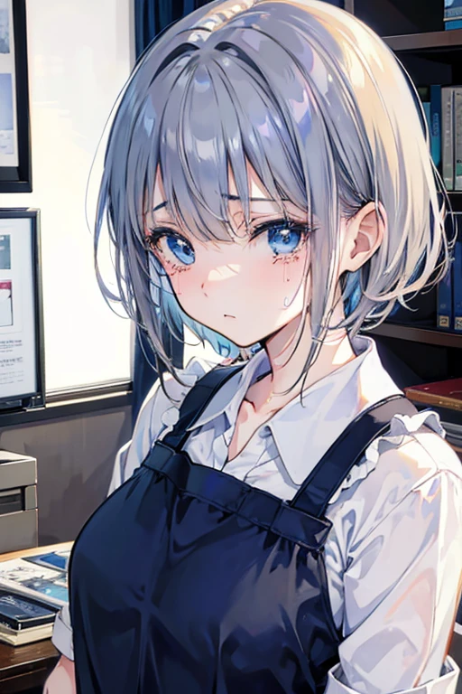 ,High resolution, Gray Hair, Shortcuts,anime,masterpiece, Anatomically correct, 最high quality, High detail, high quality, blue eyes,Megami Magazine, Small breasts, short hair, OL, office, Sweat, desk work, Crying face