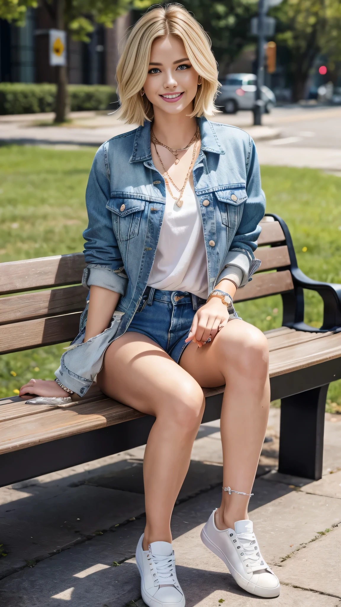 Super Resolution、Neat and clean Caucasian woman、Full body photo、sitting on a park bench、Blonde Hair、Short Haircut、Wavy Hair、Blue eyes、Short Haircut、Ear piercing、、necklace、Denim jacket、shirt、Skinny jeans、sneakers、Beautiful teeth alignment