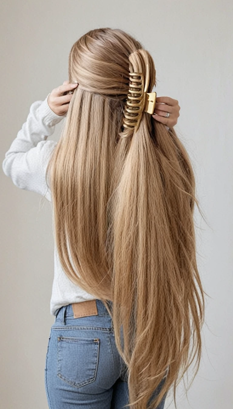 1girl, solo, full body shot,hairclawstyle, tying hair, gold hairclaw,very longhair, looking back over shoulder, length knee hair