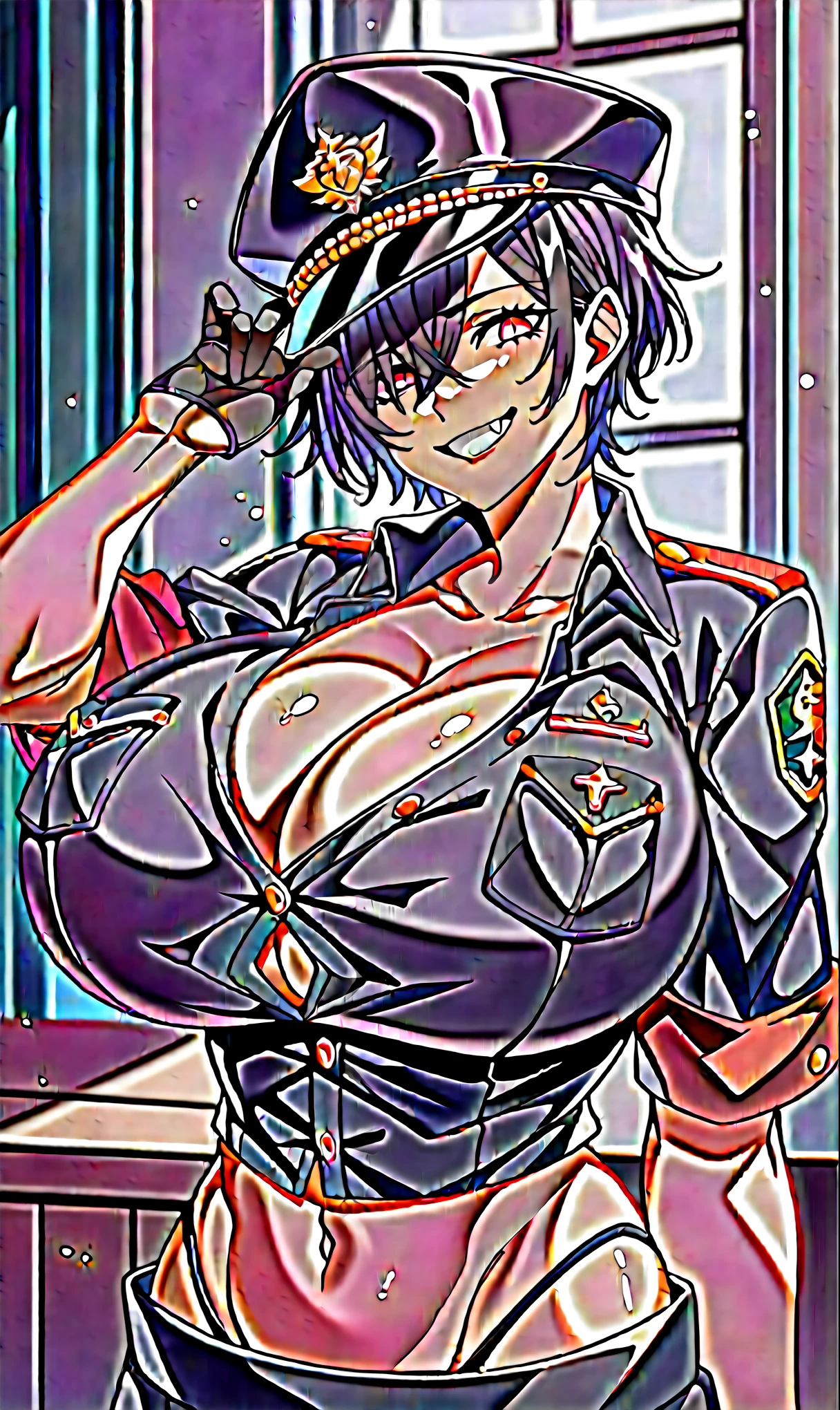 score_9, score_8_up, score_7_up, score_6_up, score_5_up, score_4_up, (source_anime), 1girl, huge breasts, looking at viewer, smile, fang, black clothes, short hair, shirt, midriff, skirt, thong, black hair, gloves, hat, cleavage, hair between eyes, collarbone, black gloves, pink eyes, grin, uniform, black shirt, black headwear, peaked cap, pocket, military hat, breast pocket, partially unbuttoned, hat tip, hat over one eye, indoors, military, military base, upper body, purple theme,