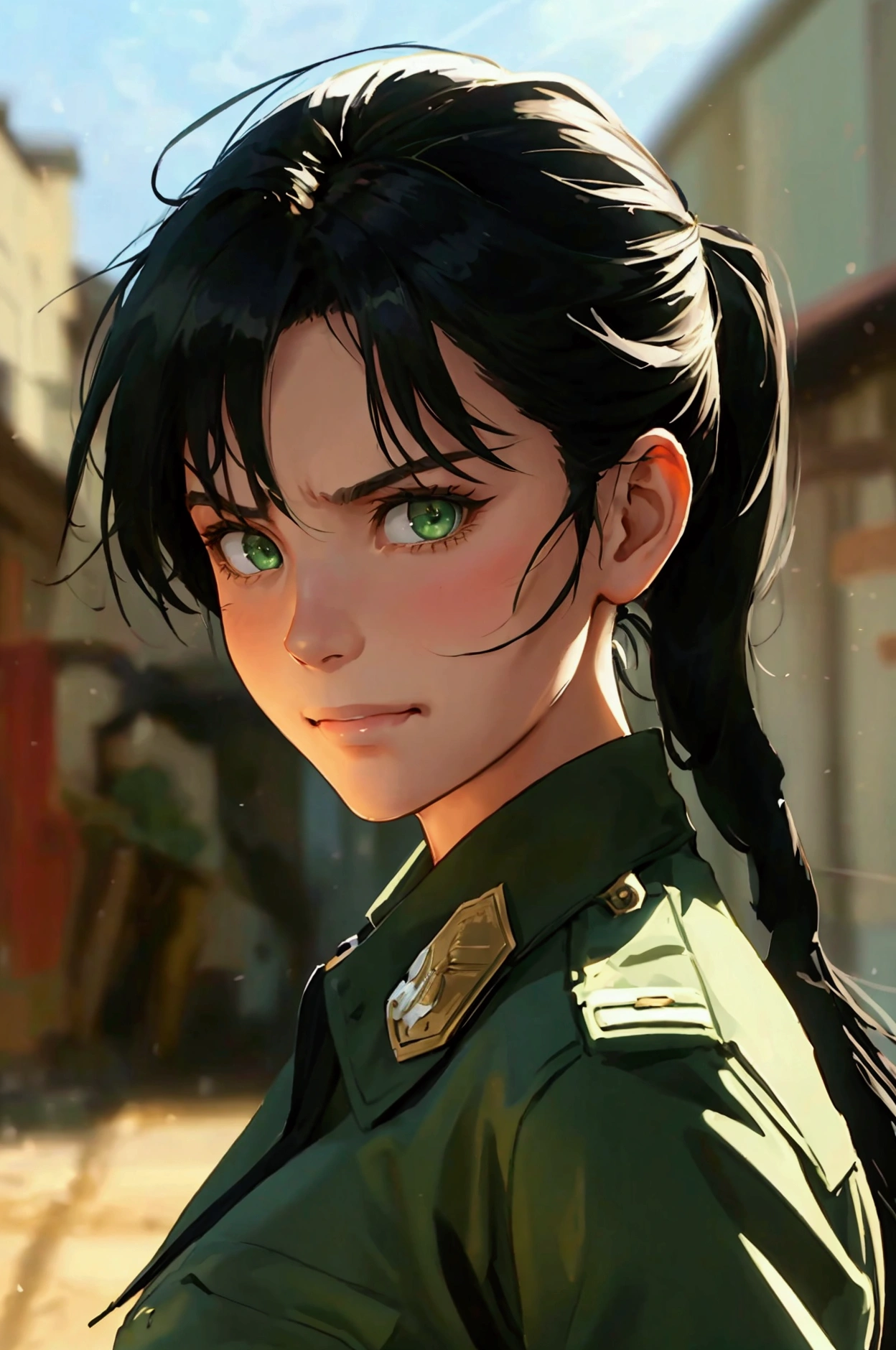 masterpiece, best quality, cowboy shot, solo, 1girl, black long ponytail, green eyes, frowning:0.6, smiling:0.5, looking at viewer, military, officer modern uniform, outdoor, dynamic lighting, frowning, scolding, big sized breasts