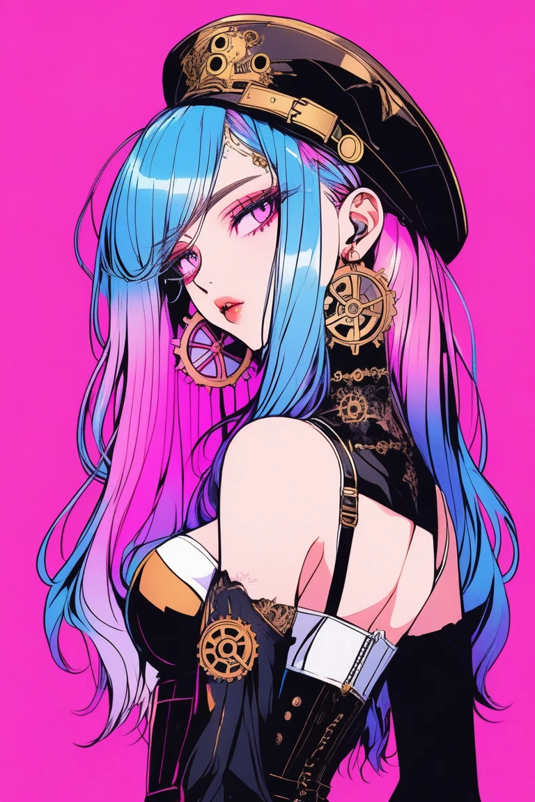Illustrator, anime , Realistic ,sketch , 1 person, model, Portraiture, lip, Gothic steampunk hat, White and gold bustier jumper skirt, Exposing shoulders, order, Blue and pink gradient background, Neon colored hair, Big Breasts, (((Upper Body))), (((look back))), Sexy look, Sexy pose, Texture Trim, Russia, (masterpiece,Highest quality)