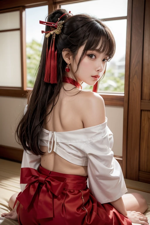 Black Hair, High resolution, Large Breasts, Big Ass, Plump, Droopy eyes, Showing teeth, Chubby, Brown Hair, bangs, Large Breasts, Underbust, See through, Many people々々々,Multiple nationalities,Each one has their own unique personality......,Stick your butt out,2 people,Keep your butt up, A traditional white kimono is reimagined as a cropped top.,The sleeves are wide and flow with movement, creating an off-shoulder style that reveals a hint of the shoulders.,The neckline features a deep V-neck, emphasizing a touch of sensuality.,
The skirt is a mini-length version of a traditional red hakama.,The design combines ease of movement with sensuality, featuring a slit that offers a glimpse of the thighs.,A narrow obi cinches the waist and a bow adds an accent to the back.,Traditional shrine maiden hair ornaments are reinvented with gold and red kanzashi and ribbons.,Pulling the hair back creates a clean and sophisticated look around the face.,A simple red choker and a pendant inspired by traditional symbols blend sacredness with alluring charm.,Earrings featuring small red beads or gold stud earrings maintain the purity of a shrine maiden while subtly enhancing a touch of sexiness.,