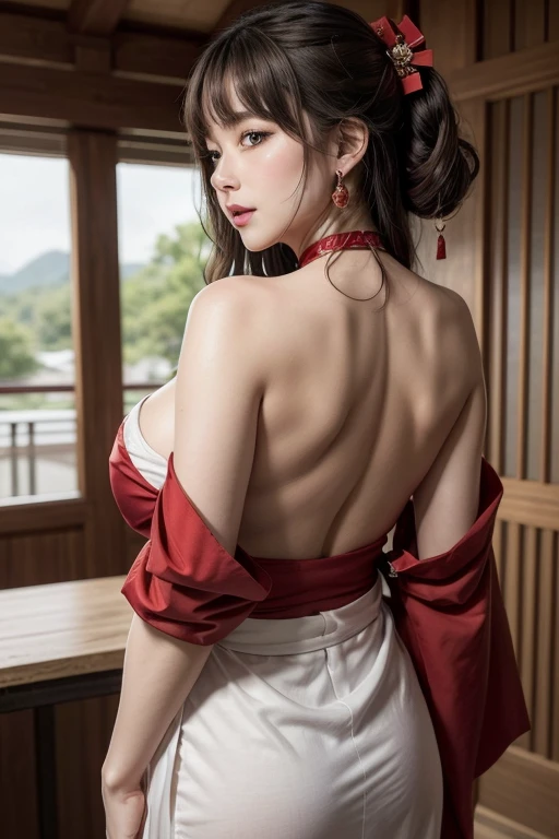 Black Hair, High resolution, Large Breasts, Big Ass, Plump, Droopy eyes, Showing teeth, Chubby, Brown Hair, bangs, Large Breasts, Underbust, See through, Many people々々々,Multiple nationalities,Each one has their own unique personality......,Stick your butt out,2 people,Keep your butt up, A traditional white kimono is reimagined as a cropped top.,The sleeves are wide and flow with movement, creating an off-shoulder style that reveals a hint of the shoulders.,The neckline features a deep V-neck, emphasizing a touch of sensuality.,
The skirt is a mini-length version of a traditional red hakama.,The design combines ease of movement with sensuality, featuring a slit that offers a glimpse of the thighs.,A narrow obi cinches the waist and a bow adds an accent to the back.,Traditional shrine maiden hair ornaments are reinvented with gold and red kanzashi and ribbons.,Pulling the hair back creates a clean and sophisticated look around the face.,A simple red choker and a pendant inspired by traditional symbols blend sacredness with alluring charm.,Earrings featuring small red beads or gold stud earrings maintain the purity of a shrine maiden while subtly enhancing a touch of sexiness.,