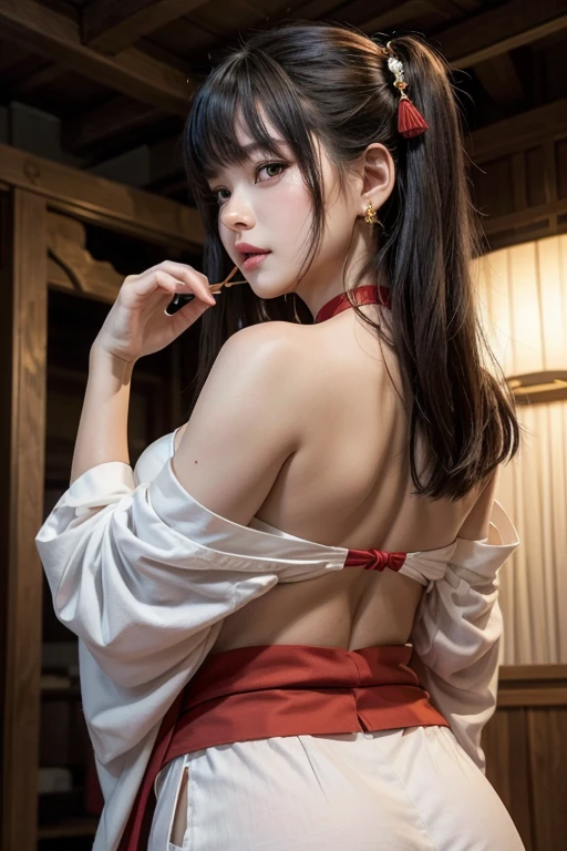 Black Hair, High resolution, Large Breasts, Big Ass, Plump, Droopy eyes, Showing teeth, Chubby, Brown Hair, bangs, Large Breasts, Underbust, See through, Many people々々々,Multiple nationalities,Each one has their own unique personality......,Stick your butt out,2 people,Keep your butt up, A traditional white kimono is reimagined as a cropped top.,The sleeves are wide and flow with movement, creating an off-shoulder style that reveals a hint of the shoulders.,The neckline features a deep V-neck, emphasizing a touch of sensuality.,
The skirt is a mini-length version of a traditional red hakama.,The design combines ease of movement with sensuality, featuring a slit that offers a glimpse of the thighs.,A narrow obi cinches the waist and a bow adds an accent to the back.,Traditional shrine maiden hair ornaments are reinvented with gold and red kanzashi and ribbons.,Pulling the hair back creates a clean and sophisticated look around the face.,A simple red choker and a pendant inspired by traditional symbols blend sacredness with alluring charm.,Earrings featuring small red beads or gold stud earrings maintain the purity of a shrine maiden while subtly enhancing a touch of sexiness.,