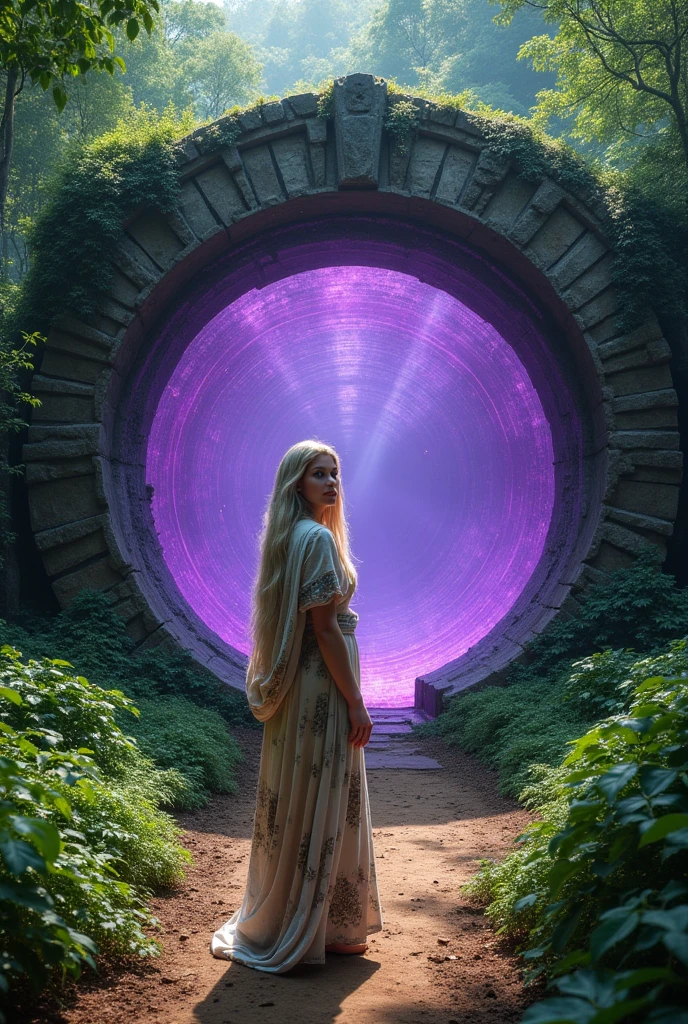 ((JUNGLE ENVIRONMENT)), ((Indian jungle ruins)), Circular portal with purple water as transport middle, round stone array border that surrounds purple liquid water, portal at vertical stance only, three-fourths angle view from viewer, purple liquid in vertical portal door only, no horizontal circular door, dirt path on ground leading up to the door, foliage along ground, stone circular door travels for infinity, long unending corridor, infinite unending water, purple liquid vertical pool, young big breasted prophetess, linen cloth full garb hoody adorned, rope waist tie, blonde female, white, blue eyes, beautiful, structured jaw line, massive breasted, clothed, big rounded breasted, personification of Wisdom, female character viewing viewer