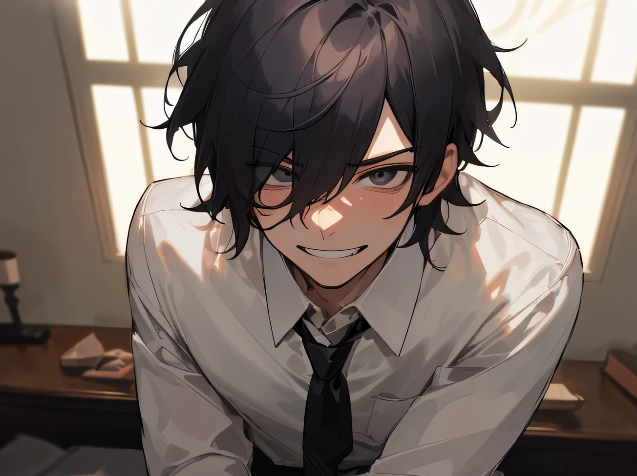 Working Adults.,male,Handsome,Cool vibe,I,Black-haired,mash,Gloomy mood(Masseter muscle area,Viewer Perspective,Upper Body,Face close-up,Horny,smile,Wicked Smile,Yandere atmosphere,,Night atmosphere,A white shirt and black pants,please wear a tie,),Hotel room bed、