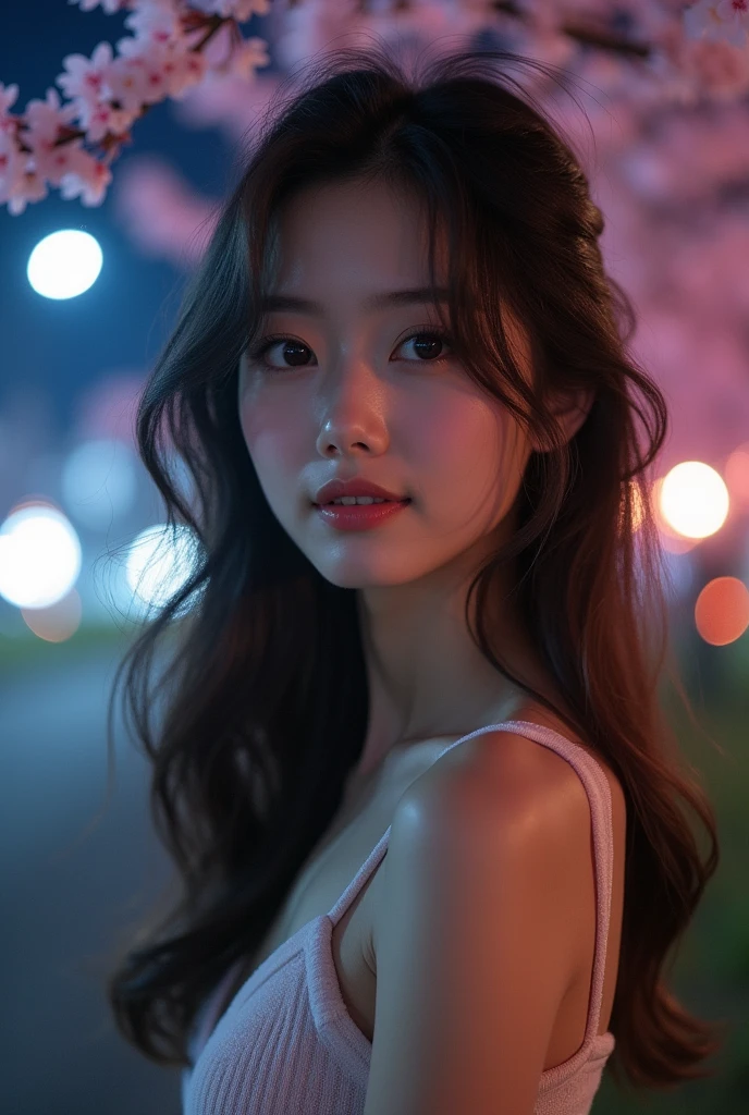 masterpiece、1 beautiful girl、Detailed eyes、Puffy eyes、Highest quality, 超High resolution, (Reality: 1.4), Cinema Lighting、Japanese、Asian Beauty、Super Beauty、Beautiful Skin、Slender、Body facing forward、(Surreal)、(High resolution)、(8k)、(Very detailed)、(Beautiful and detailed eyes)、(Ultra-detailed)、 (wall-)、Detailed face、Bright lighting、Professional Lighting、View your viewers、Look straight ahead、(The costume is a knit dress)、Long Hair, My hair is messy, Asymmetrical bangs, 、Night Scenery、Brown Hair、Japan is an idol、Korean Idol、Gravure idol pose、、Age 21、expensive, smile, Park scenery、